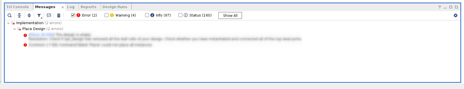 Screenshot of Vivado Messages