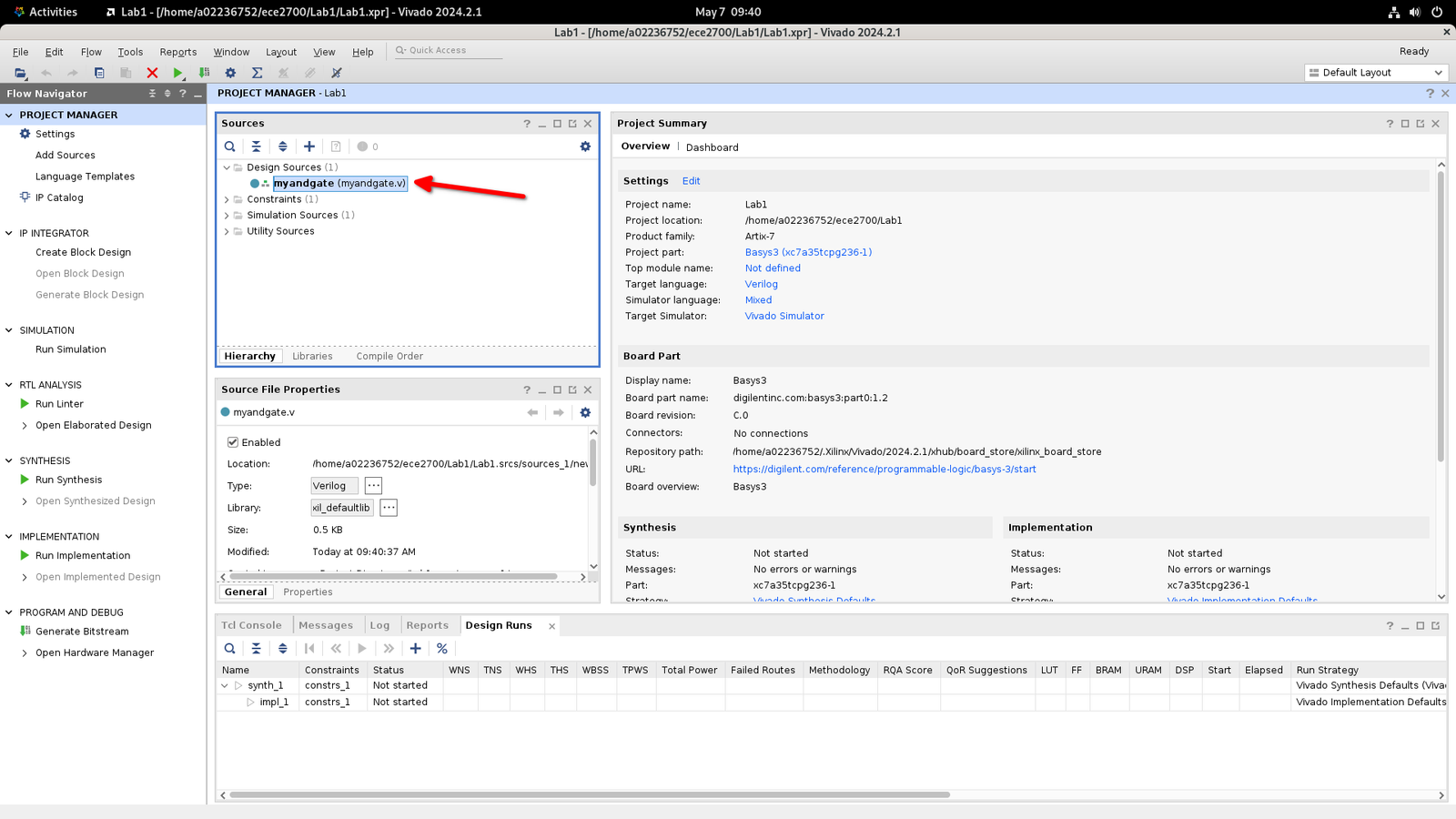 Screenshot of Vivado Project Manager